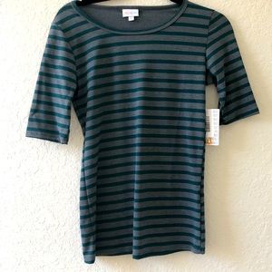 Lularoe Gigi Fitted Top Grey Green Stripes XS NWT